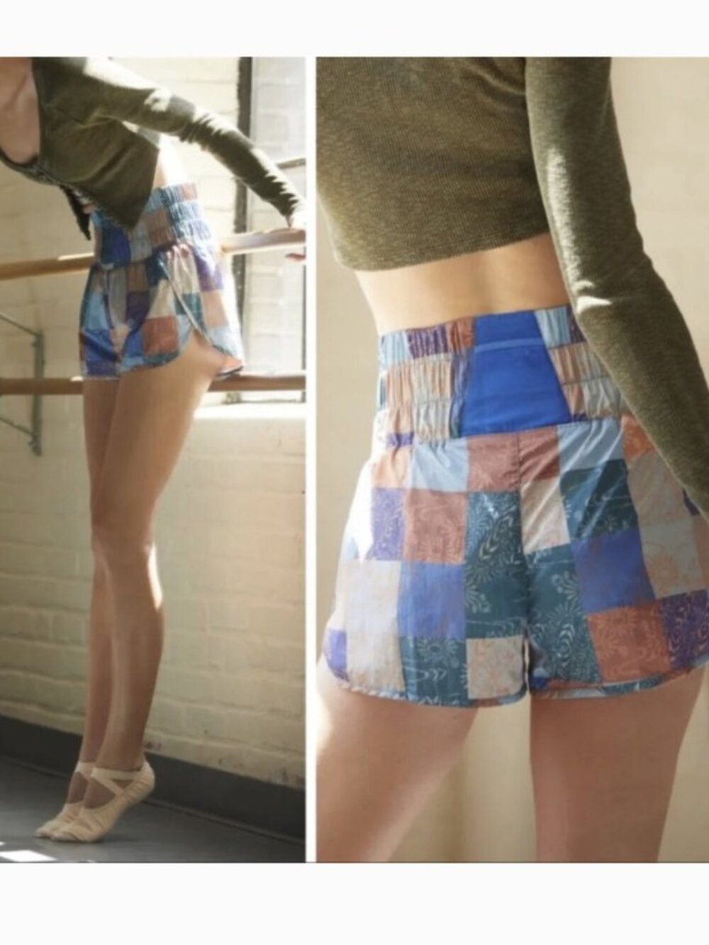 FP Movement by Free People Patchwork Blue and Brown Elastic Waist Shorts